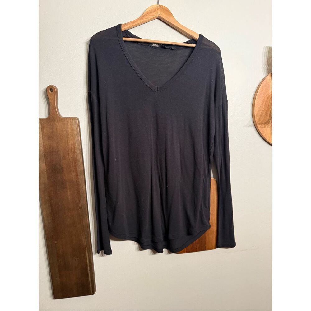Athleta Black Solid Curved Hem Pullover Modal V Neck Long Sleeve Top Size XS